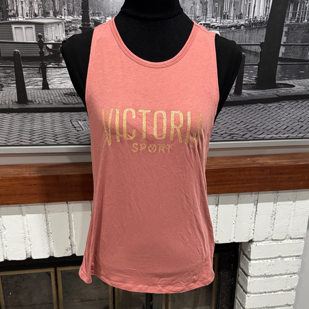 Victoria's Secret Sport tank top gold glitter logo medium light pink mauve